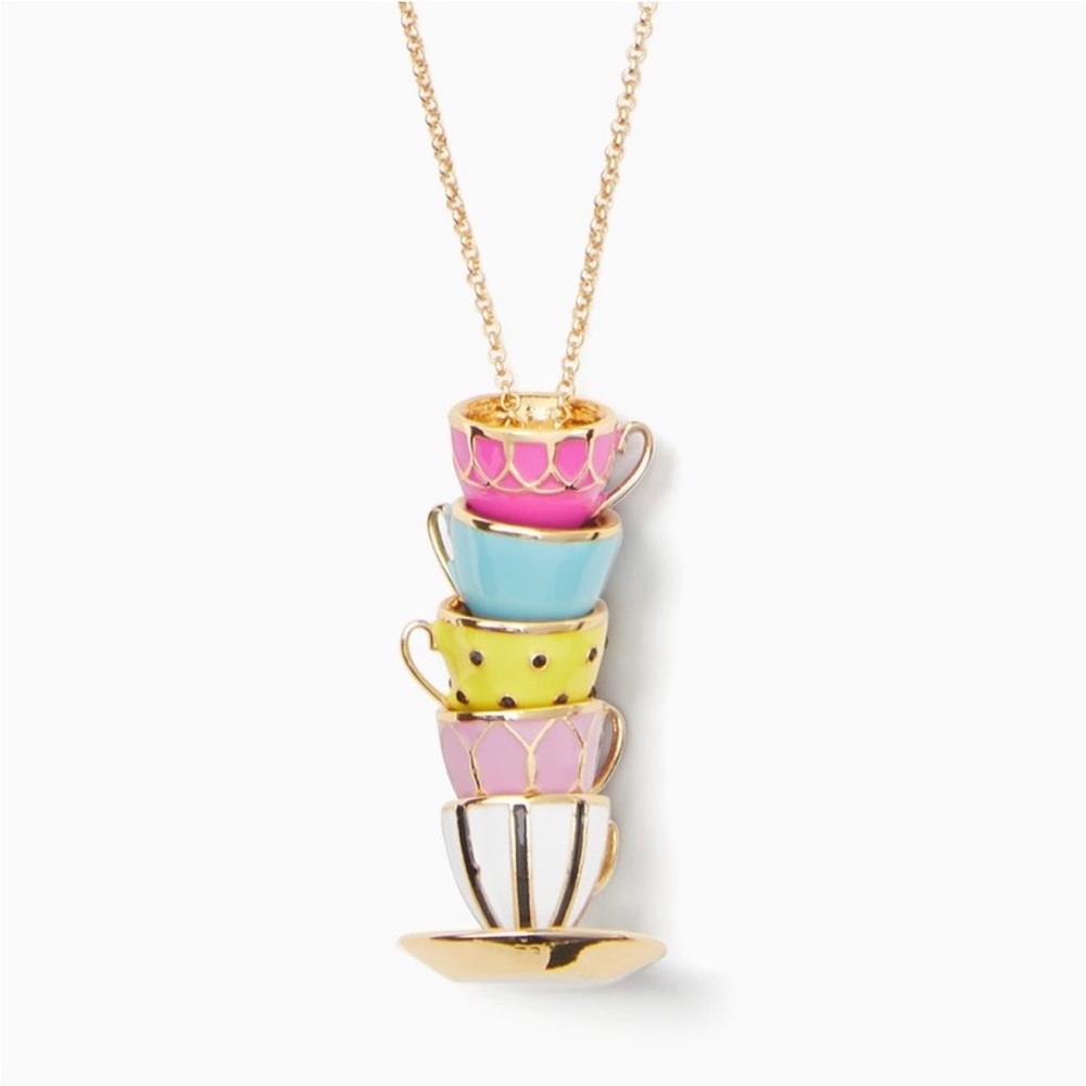 KATE SPADE Tea Time Stacked Teacup Long Pendant Necklace NWT